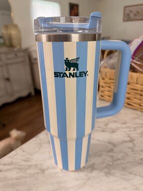 Stanley Light Blue & White Striped Insulated Travel Mug with Handle
